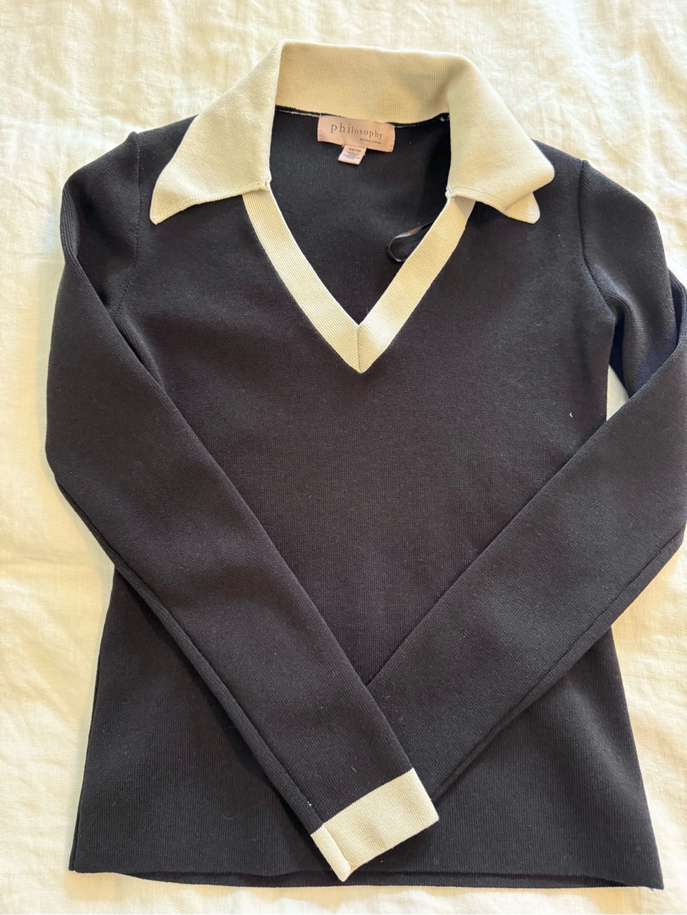 Philosophy Black V-Neck Sweater with Cream Trim Collar